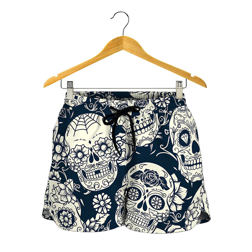White Floral Sugar Skull Pattern Print Women's Shorts