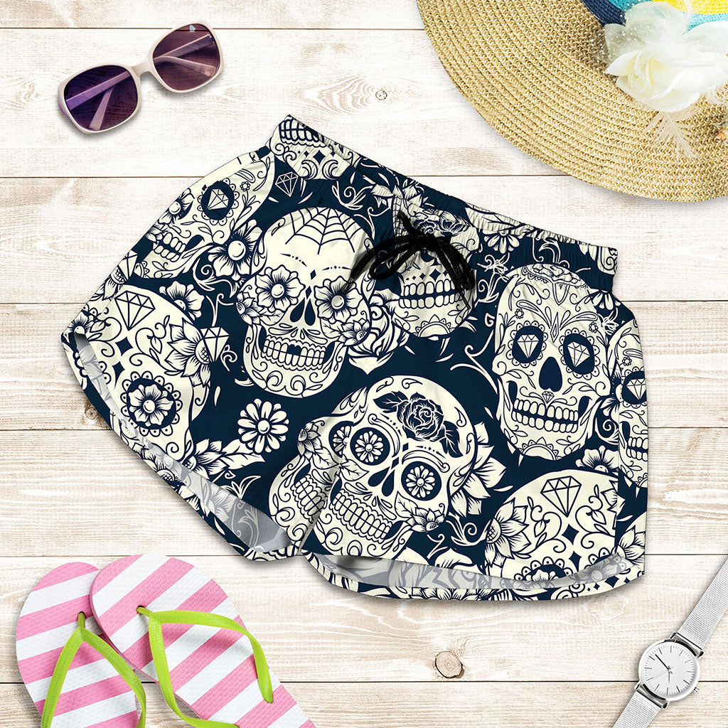 White Floral Sugar Skull Pattern Print Women's Shorts