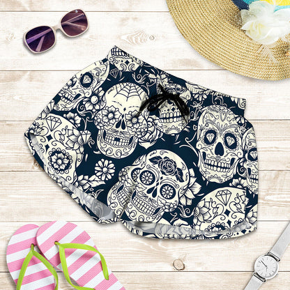 White Floral Sugar Skull Pattern Print Women's Shorts