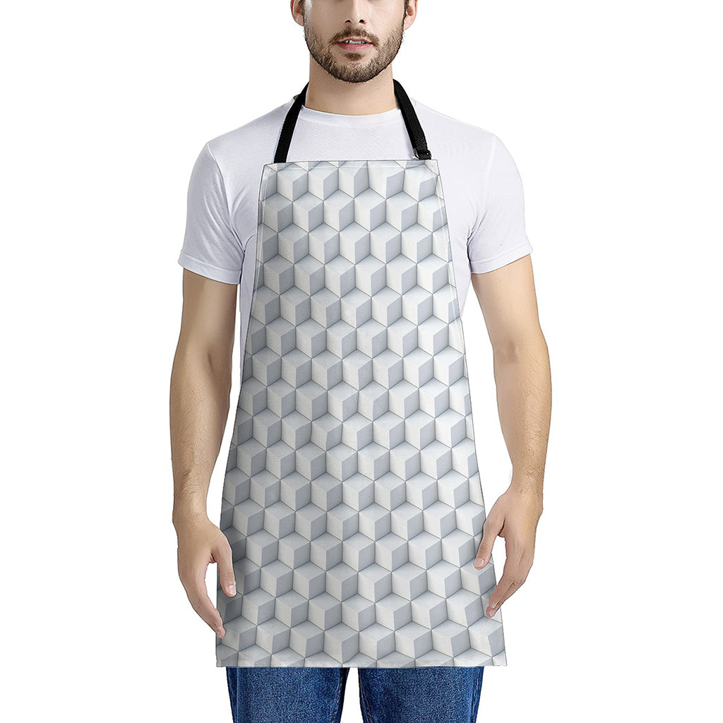 White Geometric Cube Shape Pattern Print Apron