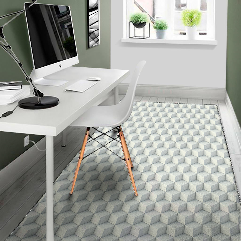 White Geometric Cube Shape Pattern Print Area Rug