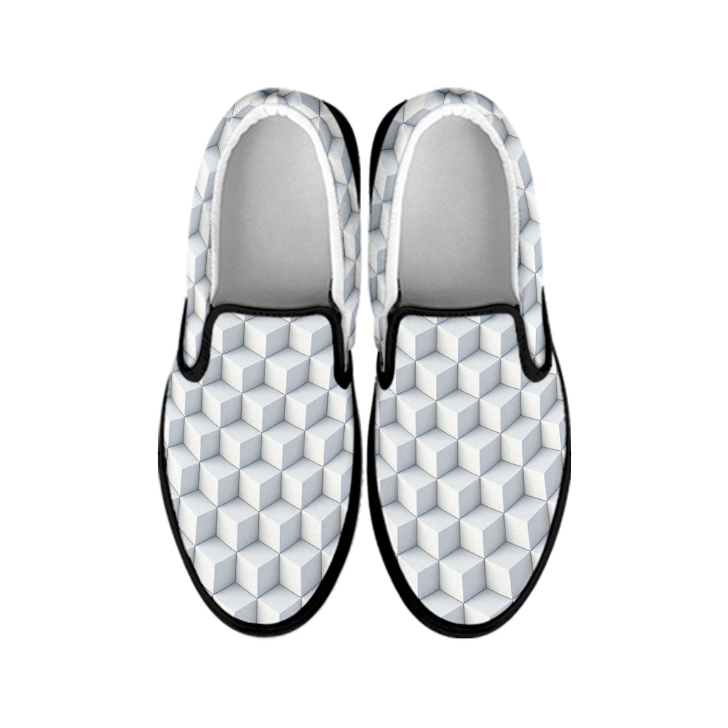 White Geometric Cube Shape Pattern Print Black Slip On Shoes