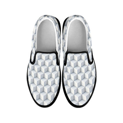 White Geometric Cube Shape Pattern Print Black Slip On Shoes