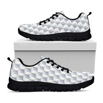 White Geometric Cube Shape Pattern Print Black Sneakers