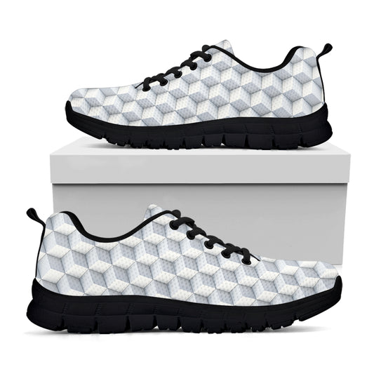 White Geometric Cube Shape Pattern Print Black Sneakers