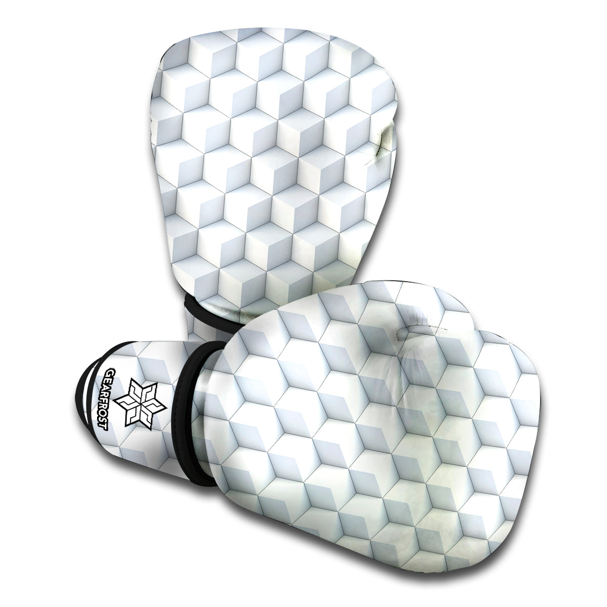 White Geometric Cube Shape Pattern Print Boxing Gloves