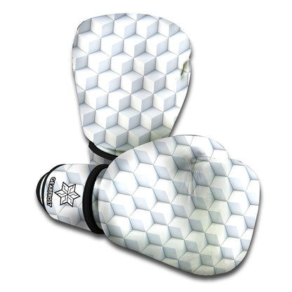 White Geometric Cube Shape Pattern Print Boxing Gloves