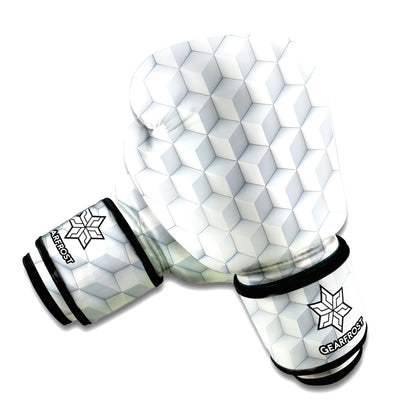 White Geometric Cube Shape Pattern Print Boxing Gloves