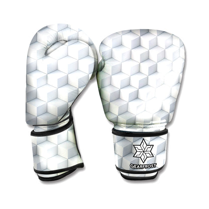 White Geometric Cube Shape Pattern Print Boxing Gloves