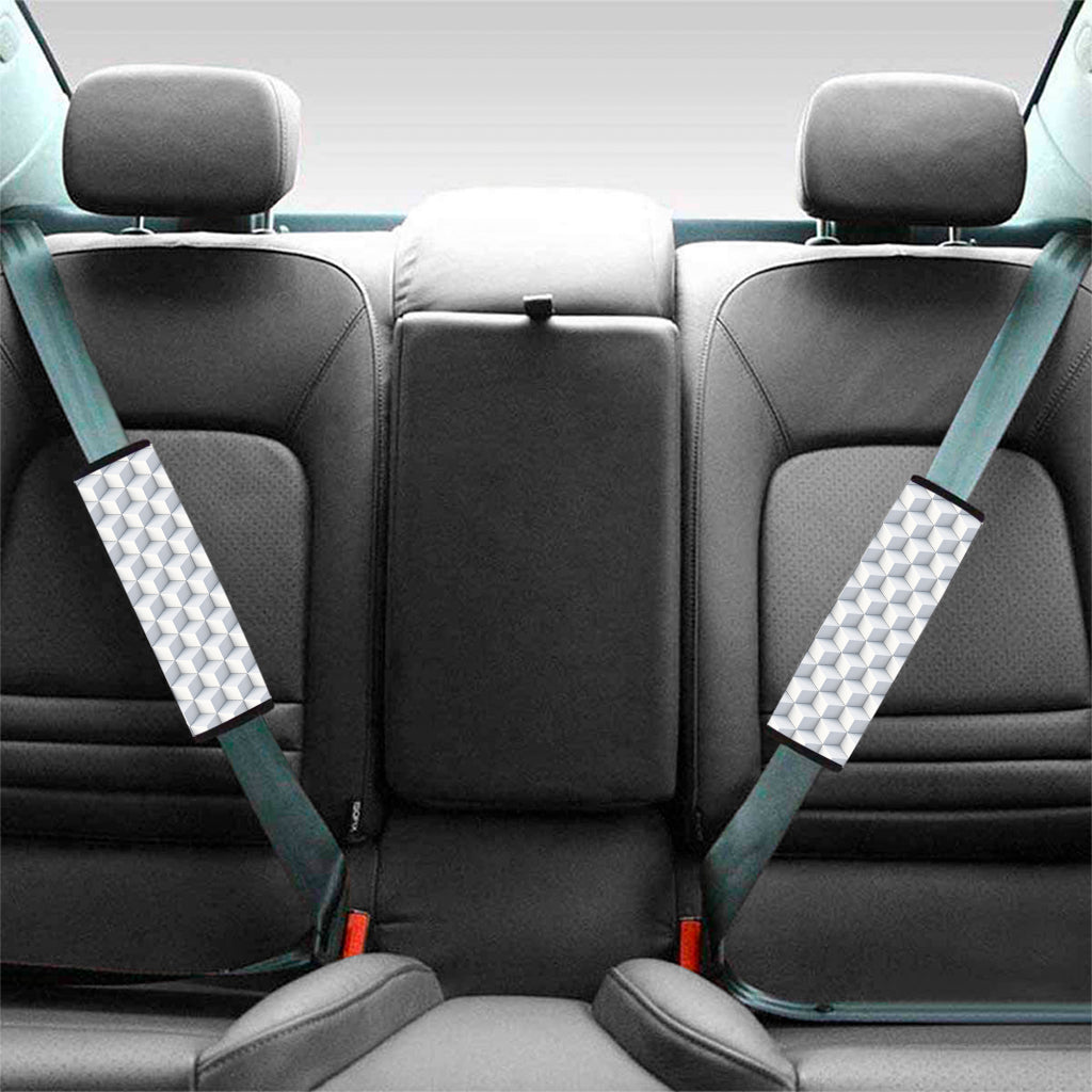 White Geometric Cube Shape Pattern Print Car Seat Belt Covers