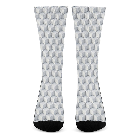 White Geometric Cube Shape Pattern Print Crew Socks