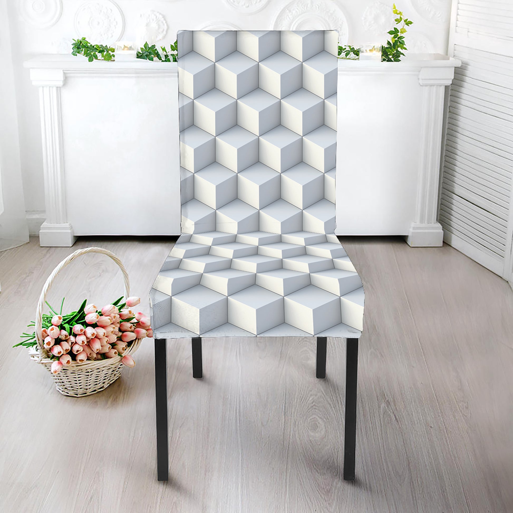 White Geometric Cube Shape Pattern Print Dining Chair Slipcover