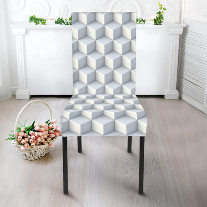White Geometric Cube Shape Pattern Print Dining Chair Slipcover