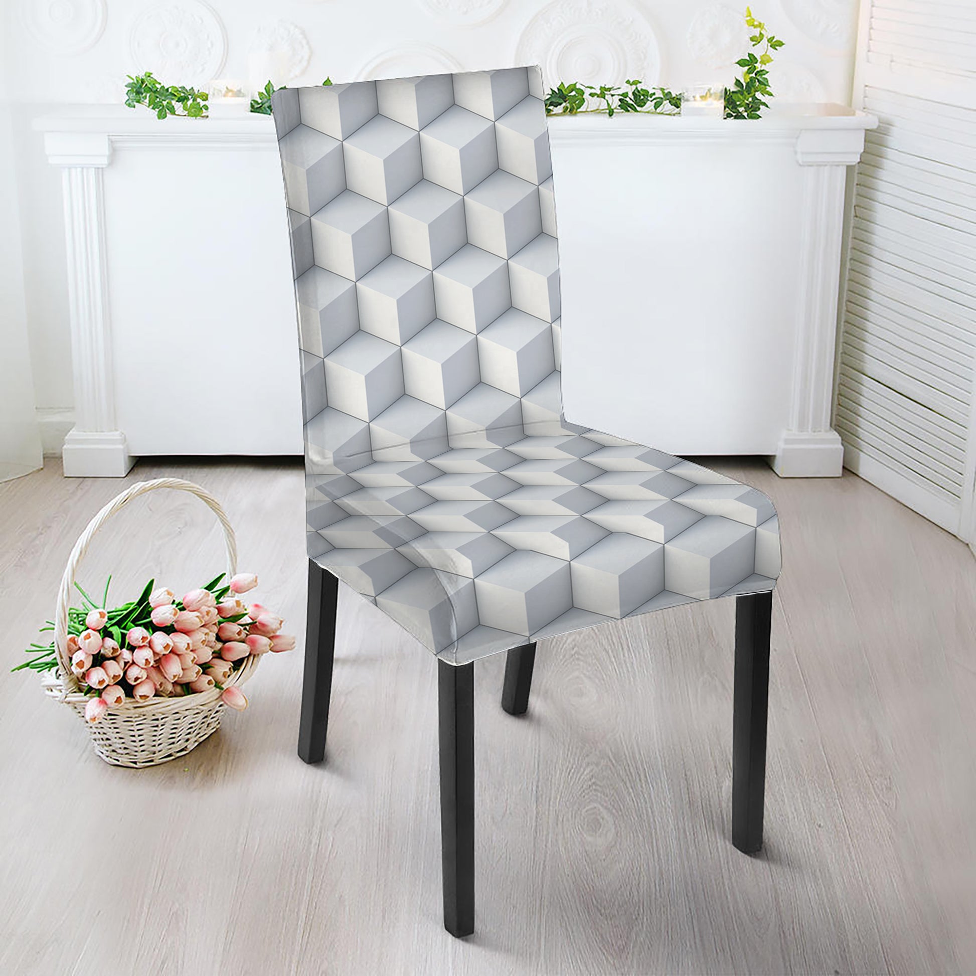 White Geometric Cube Shape Pattern Print Dining Chair Slipcover
