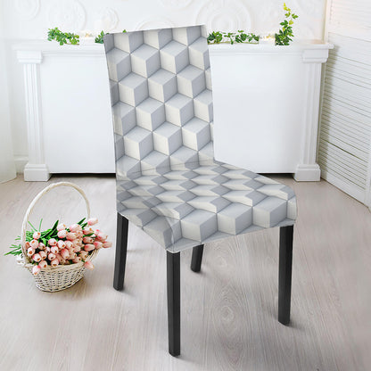 White Geometric Cube Shape Pattern Print Dining Chair Slipcover