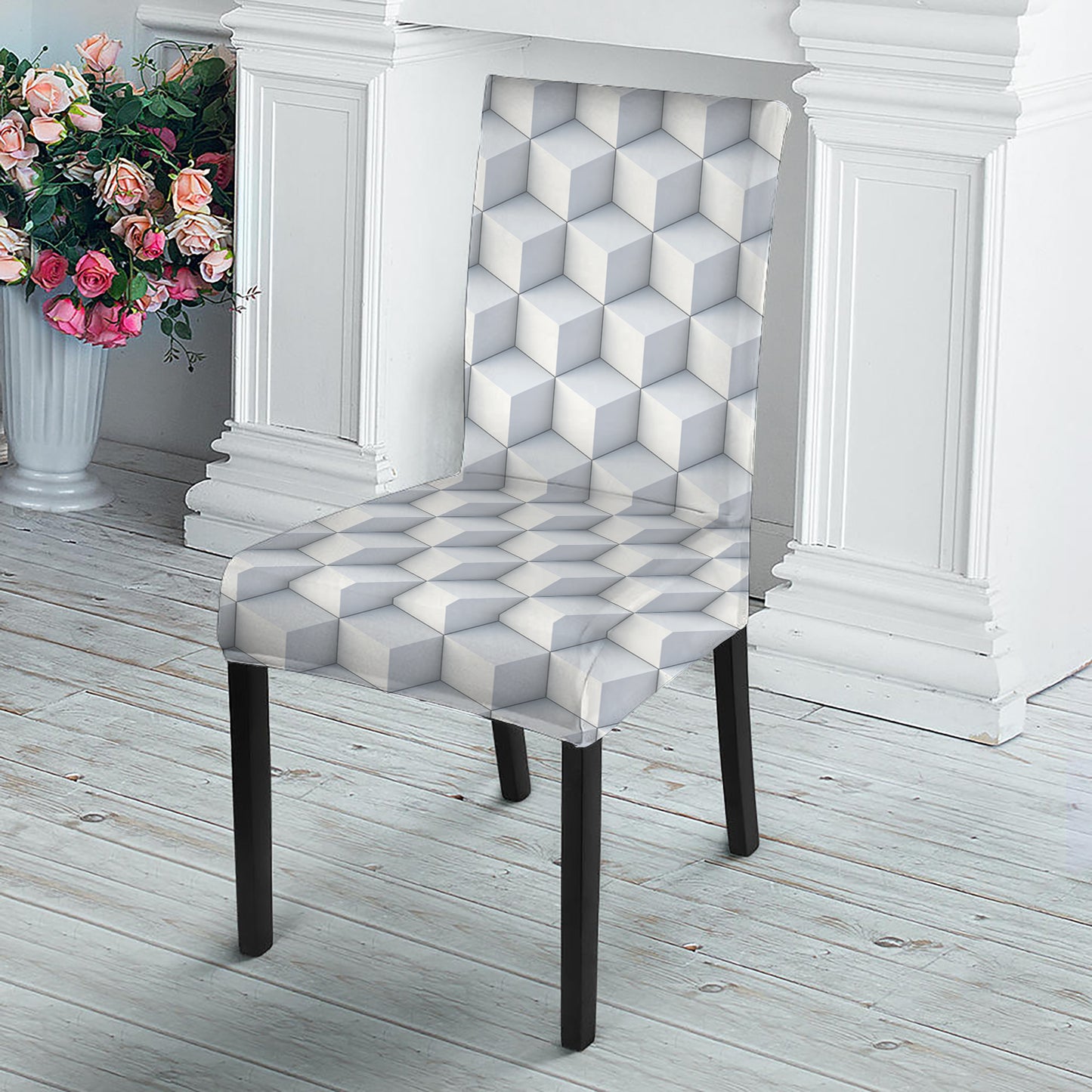 White Geometric Cube Shape Pattern Print Dining Chair Slipcover