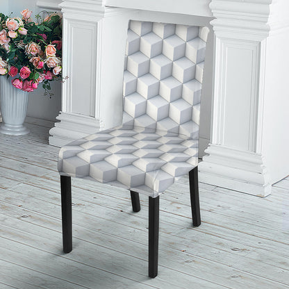 White Geometric Cube Shape Pattern Print Dining Chair Slipcover