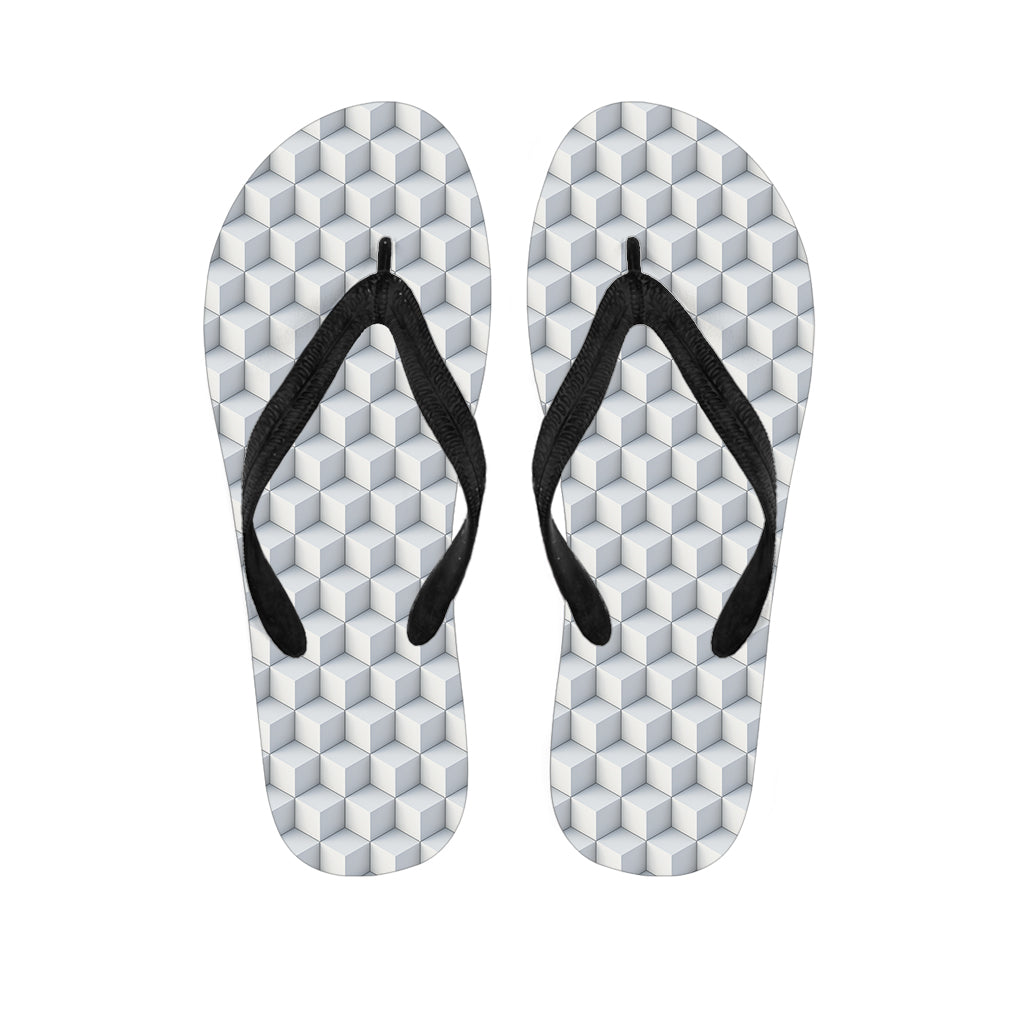 White Geometric Cube Shape Pattern Print Flip Flops