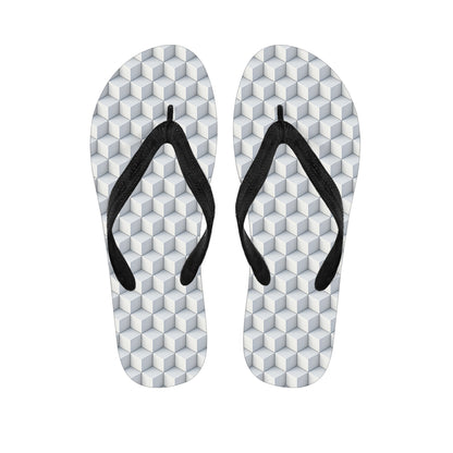 White Geometric Cube Shape Pattern Print Flip Flops
