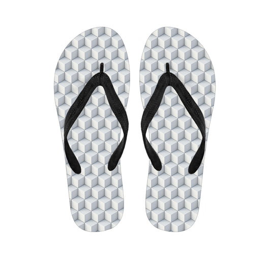 White Geometric Cube Shape Pattern Print Flip Flops