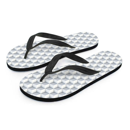 White Geometric Cube Shape Pattern Print Flip Flops
