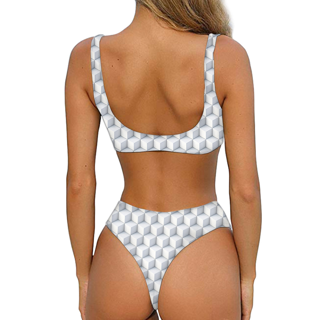 White Geometric Cube Shape Pattern Print Front Bow Tie Bikini