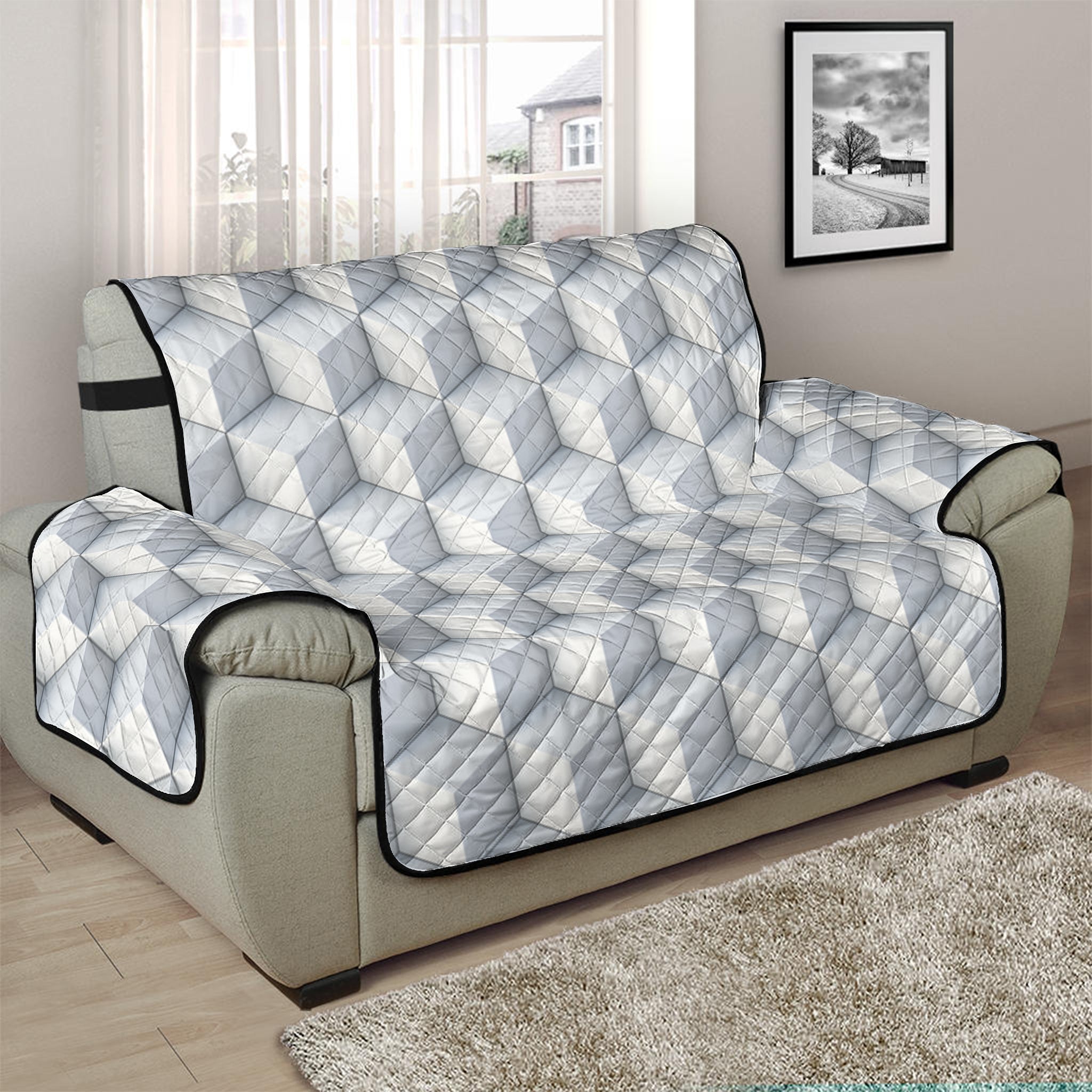 White Geometric Cube Shape Pattern Print Half Sofa Protector