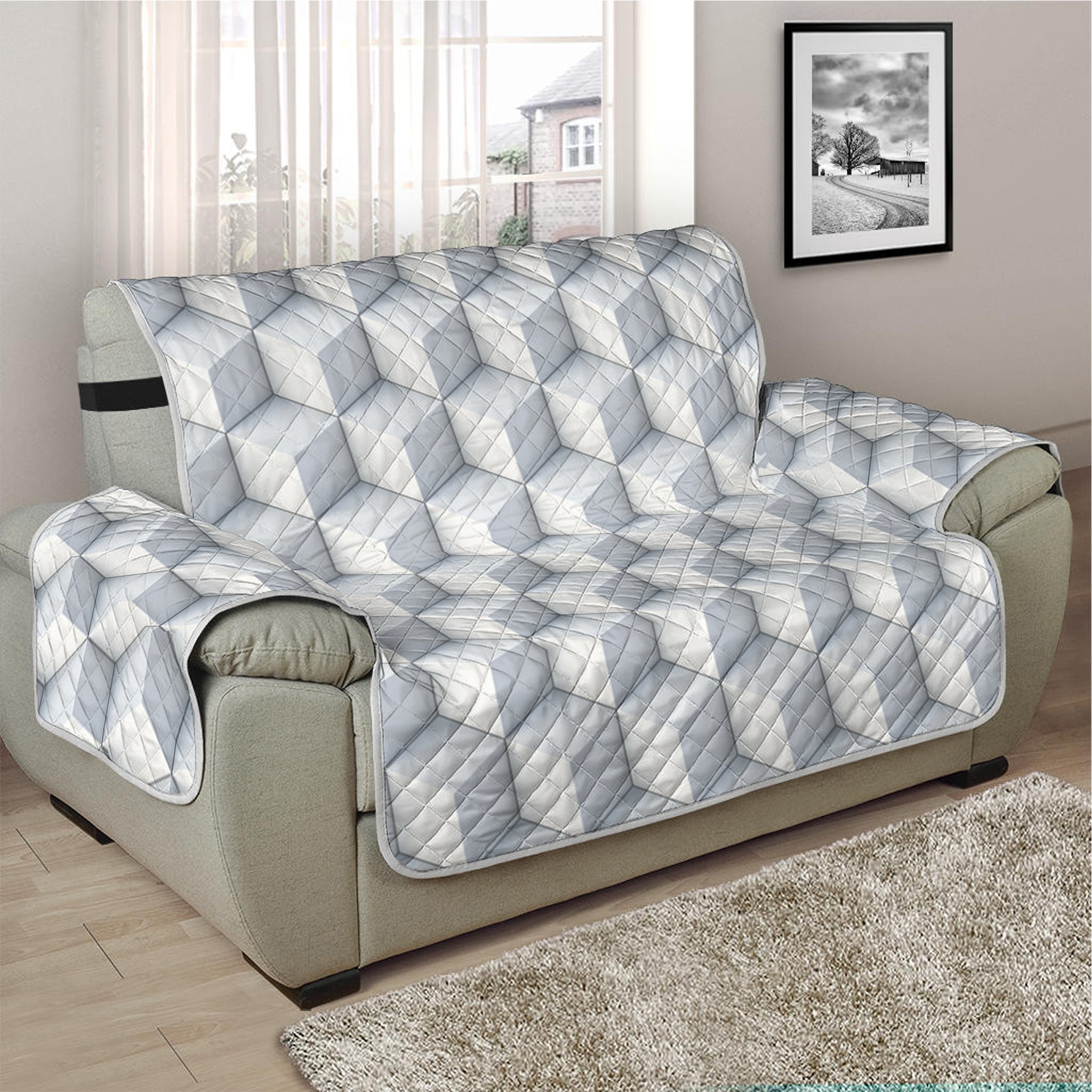 White Geometric Cube Shape Pattern Print Half Sofa Protector