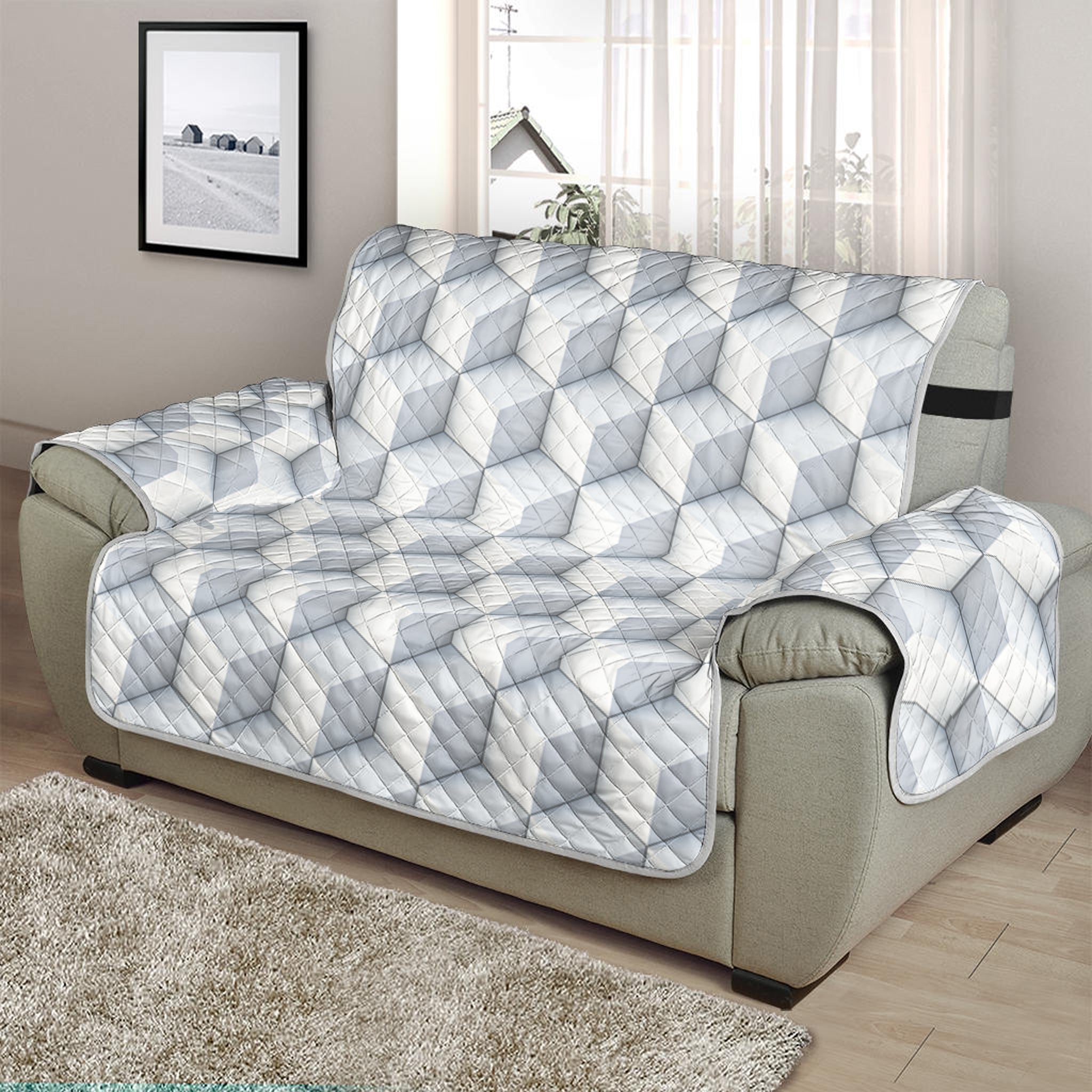 White Geometric Cube Shape Pattern Print Half Sofa Protector