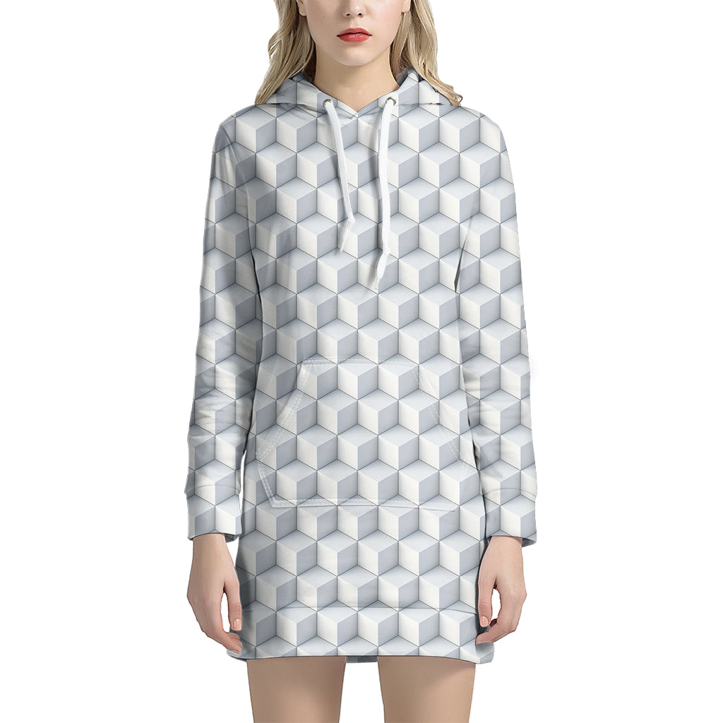 White Geometric Cube Shape Pattern Print Hoodie Dress