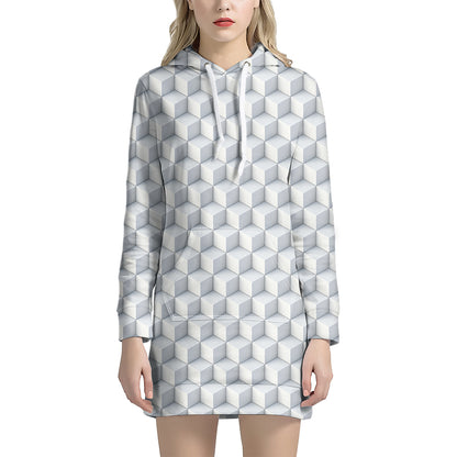 White Geometric Cube Shape Pattern Print Hoodie Dress