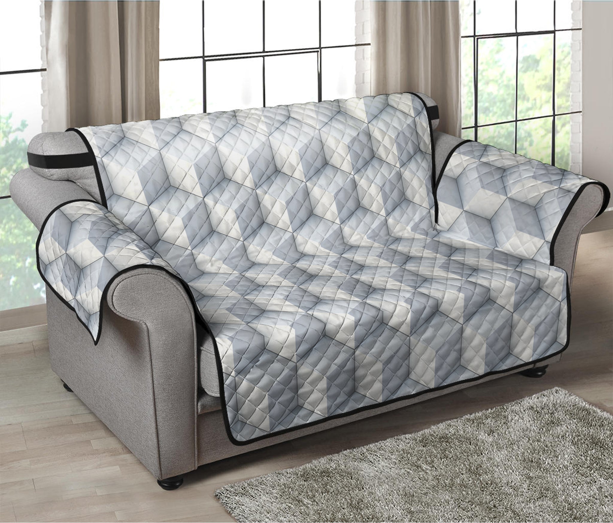 White Geometric Cube Shape Pattern Print Loveseat Protector