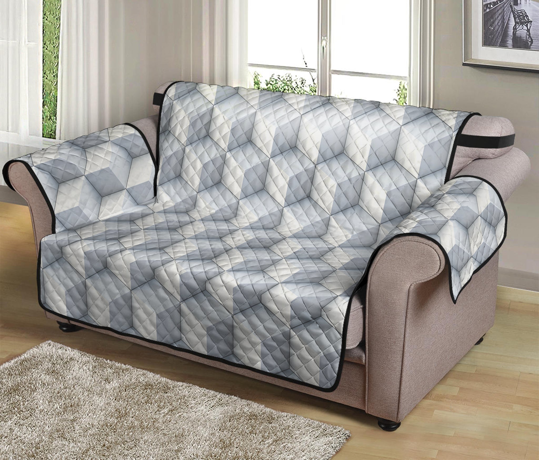 White Geometric Cube Shape Pattern Print Loveseat Protector