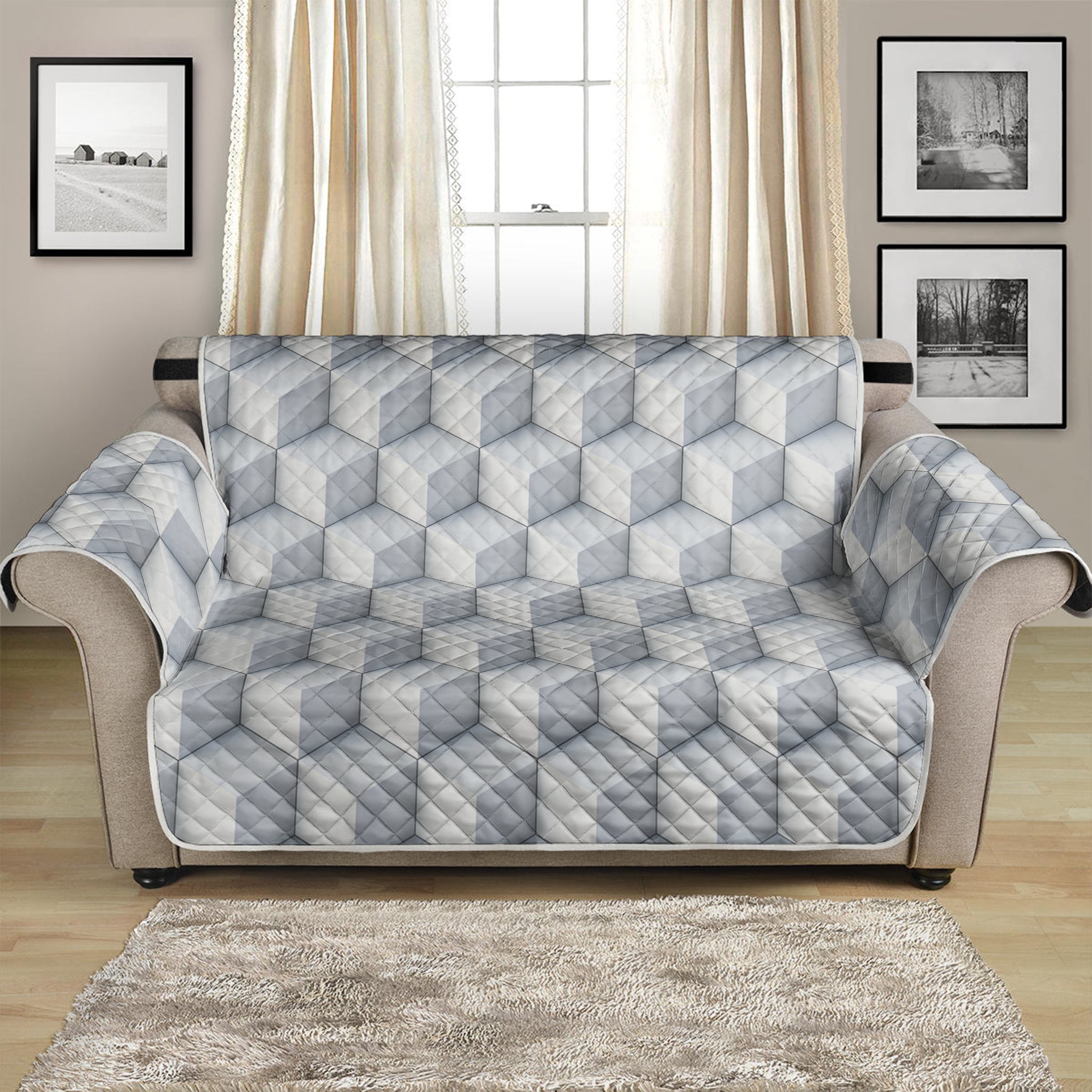 White Geometric Cube Shape Pattern Print Loveseat Protector