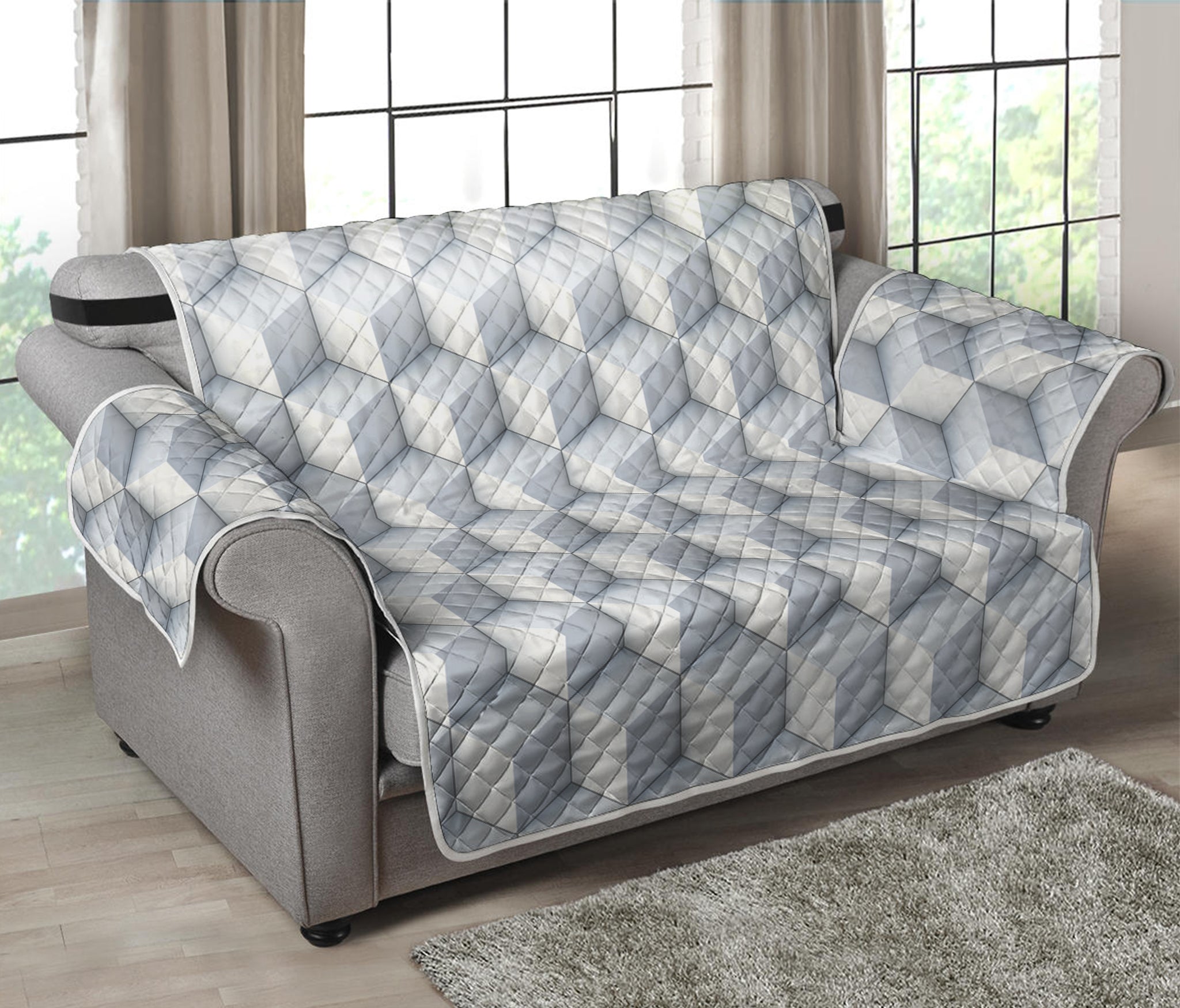 White Geometric Cube Shape Pattern Print Loveseat Protector