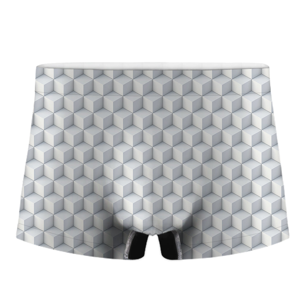 White Geometric Cube Shape Pattern Print Men's Boxer Briefs
