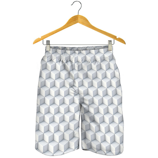 White Geometric Cube Shape Pattern Print Men's Shorts