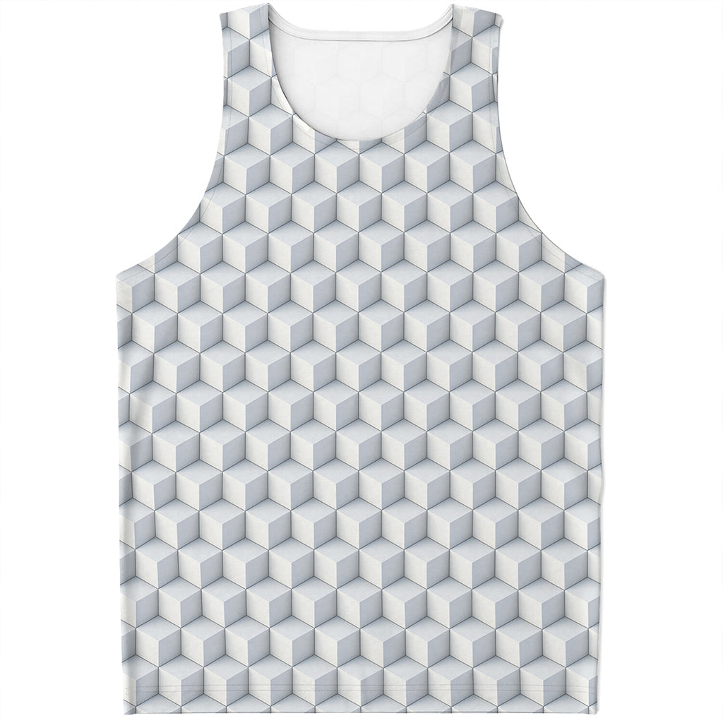 White Geometric Cube Shape Pattern Print Men's Tank Top