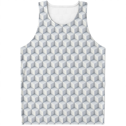White Geometric Cube Shape Pattern Print Men's Tank Top