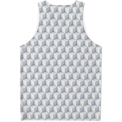 White Geometric Cube Shape Pattern Print Men's Tank Top