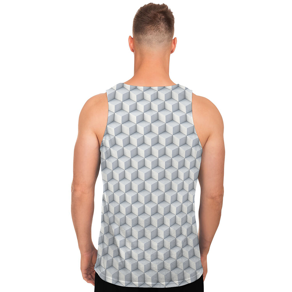 White Geometric Cube Shape Pattern Print Men's Tank Top