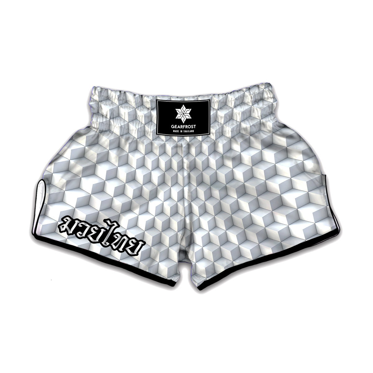 White Geometric Cube Shape Pattern Print Muay Thai Boxing Shorts