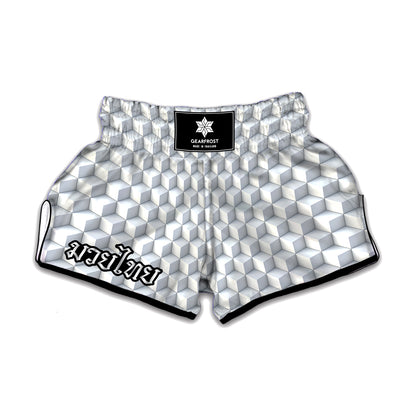 White Geometric Cube Shape Pattern Print Muay Thai Boxing Shorts