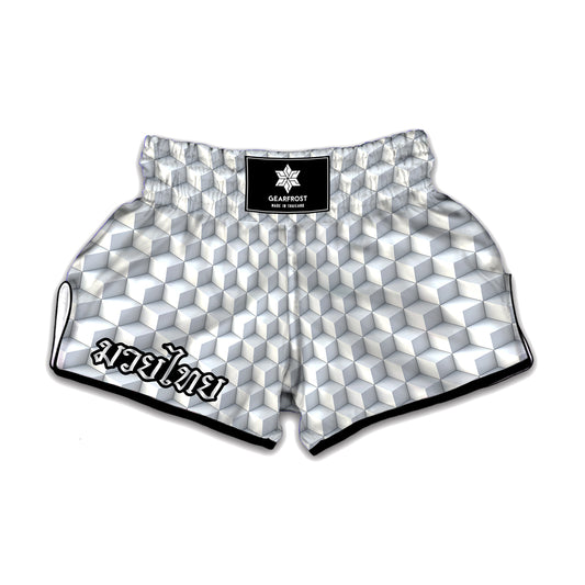 White Geometric Cube Shape Pattern Print Muay Thai Boxing Shorts