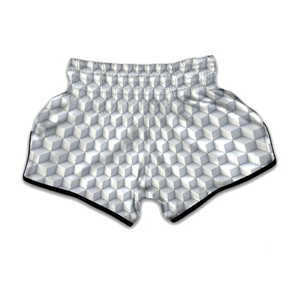 White Geometric Cube Shape Pattern Print Muay Thai Boxing Shorts
