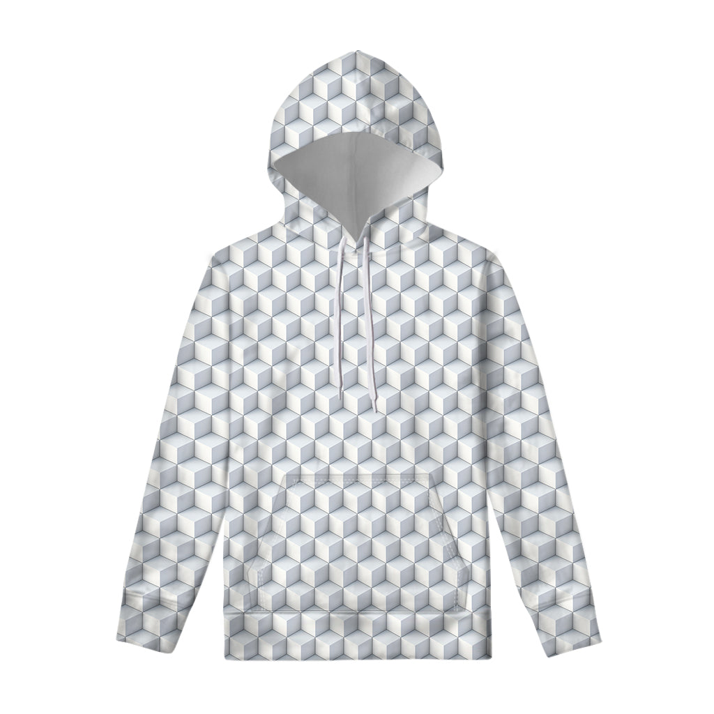 White Geometric Cube Shape Pattern Print Pullover Hoodie