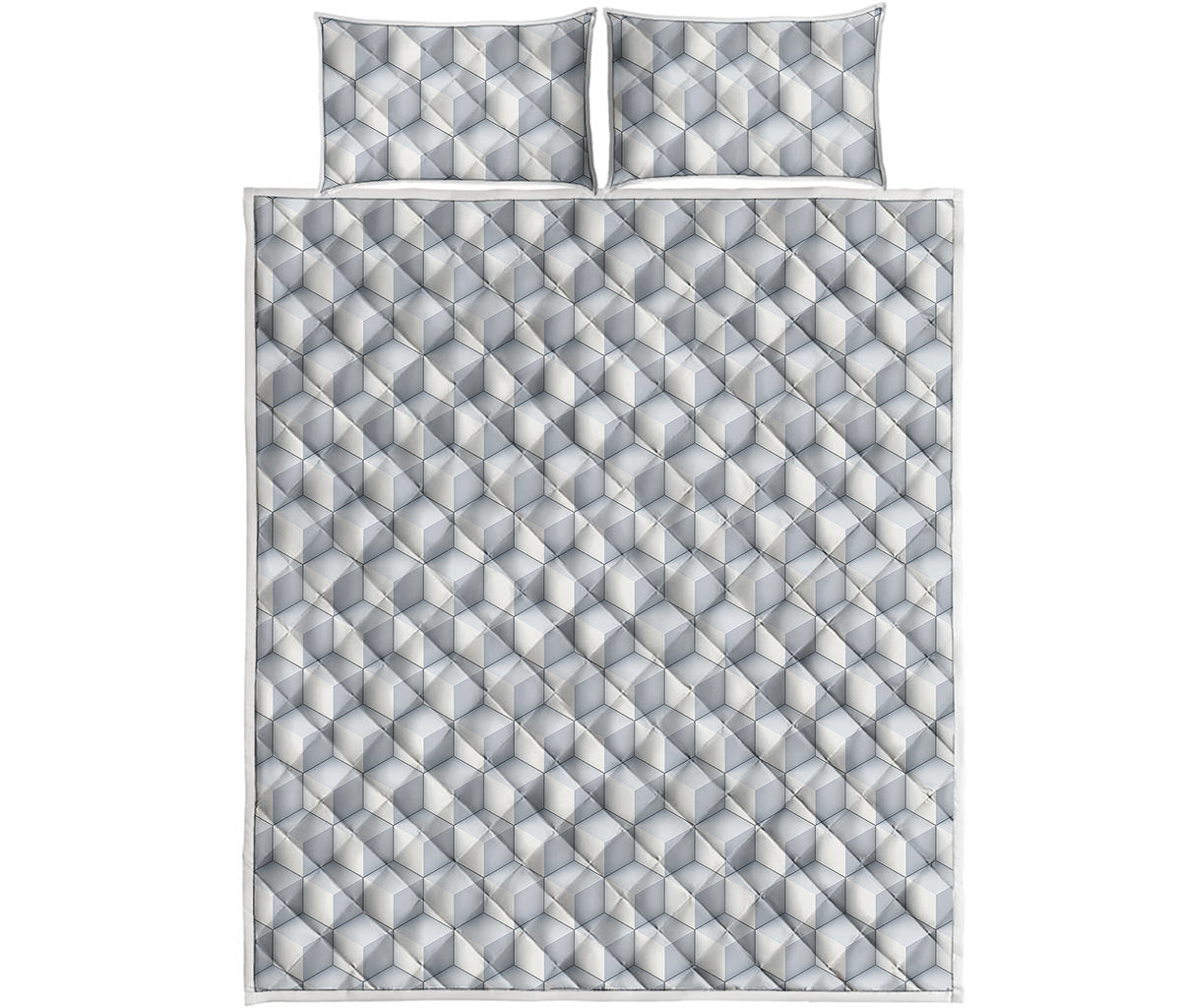 White Geometric Cube Shape Pattern Print Quilt Bed Set