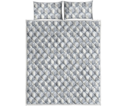 White Geometric Cube Shape Pattern Print Quilt Bed Set