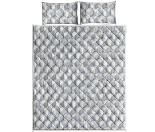 White Geometric Cube Shape Pattern Print Quilt Bed Set