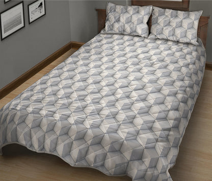 White Geometric Cube Shape Pattern Print Quilt Bed Set